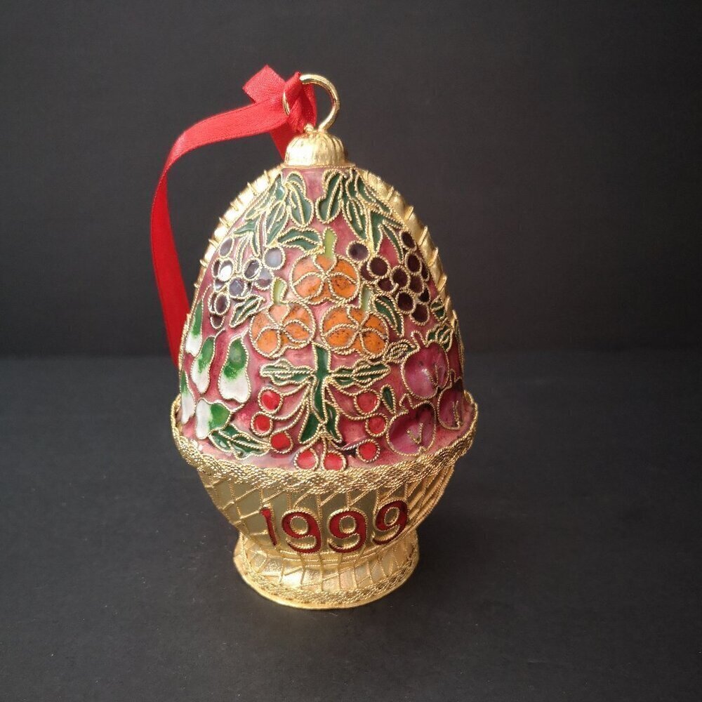 Vintage Cloisonne Christmas Ornament w/ Red Velvet Box Mini Fruit Basket 1999